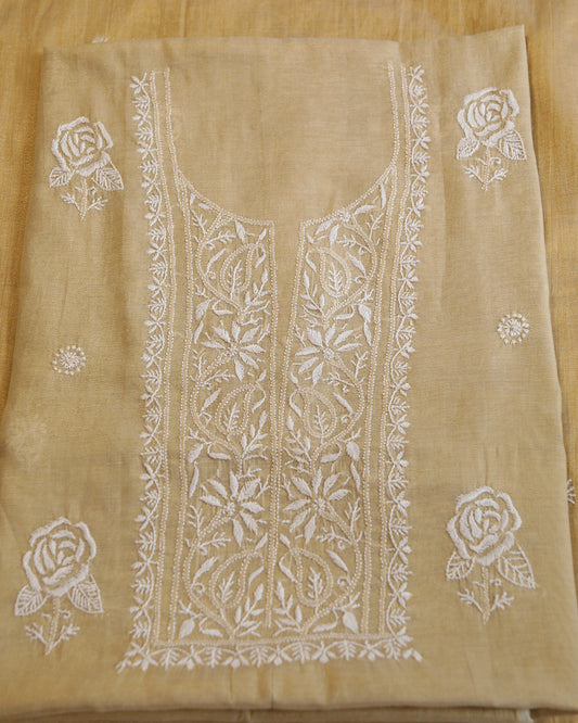 Pure Tissue Chanderi Chikankari Unstitched Kurta and Dupatta Set – Beige Gharana