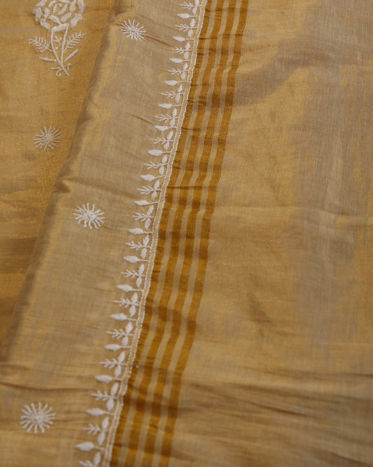 Pure Tissue Chanderi Chikankari Unstitched Kurta and Dupatta Set – Beige Gharana