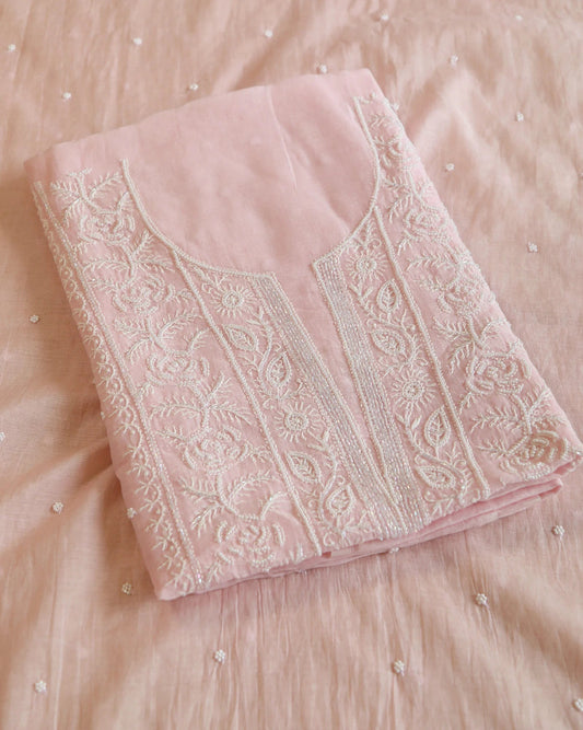 Premium Mulchanderi 3 PC Unstitched Kurta, Dupatta and Bottom Set in Pearl, Katdana Jaal work-Light Pink Gharana