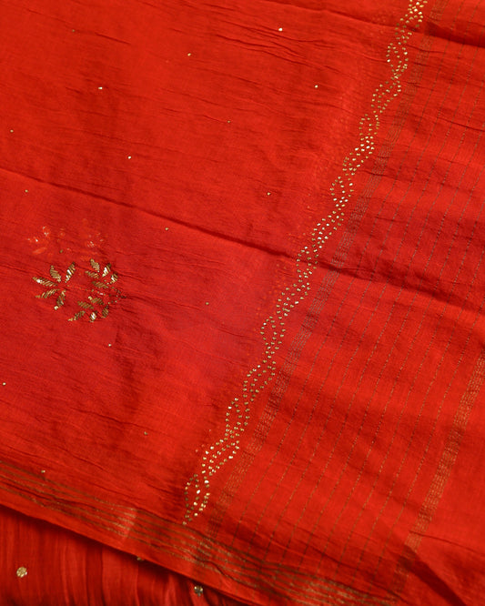 Premium Mulchanderi 3 PC Semi stitched Tunic, Dupatta & Bottom in Kamdani work-Bright Red Gharana