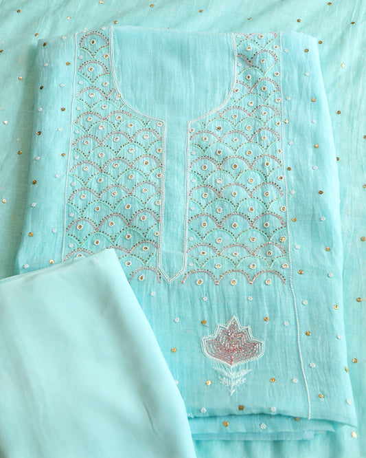 Premium Mulchanderi 3 PC Unstitched Kurta, Dupatta & Bottom Set in Pearl, Katdana, Mukaish in Jaal – Turquoise