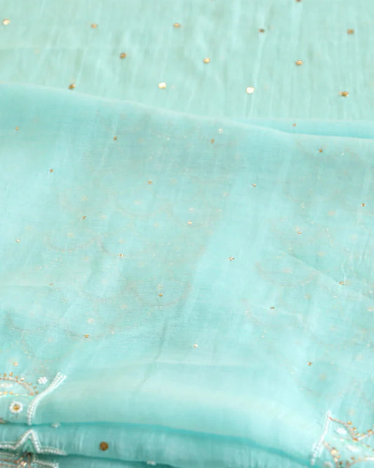 Premium Mulchanderi 3 PC Unstitched Kurta, Dupatta & Bottom Set in Pearl, Katdana, Mukaish in Jaal – Turquoise Gharana