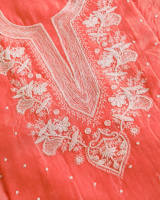 Premium Mulchanderi 3 PC Unstitched Kurta with Dupatta and Bottom Set in Pearl,Katdana Jaal work- Dark Peach Gharana