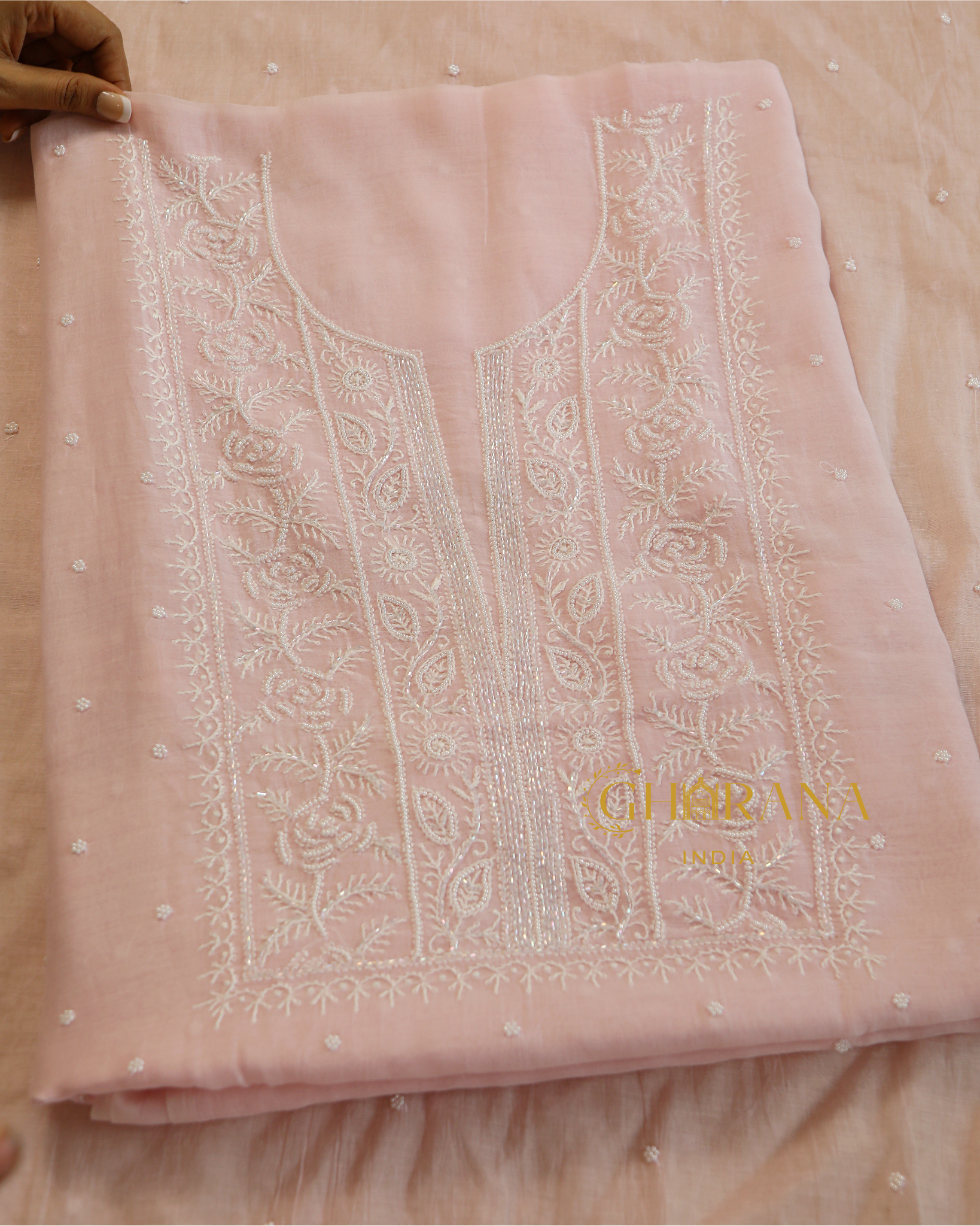 Premium Mulchanderi 3 PC Unstitched Kurta, Dupatta and Bottom Set in Pearl, Katdana Jaal work-Light Pink Gharana