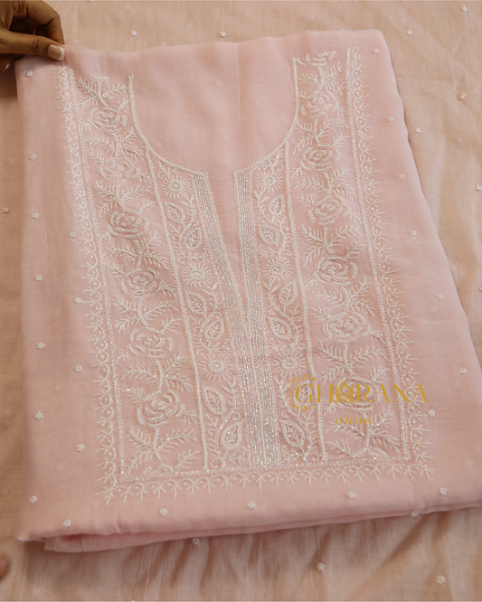 Premium Mulchanderi 3 PC Unstitched Kurta, Dupatta and Bottom Set in Pearl, Katdana Jaal work-Light Pink Gharana