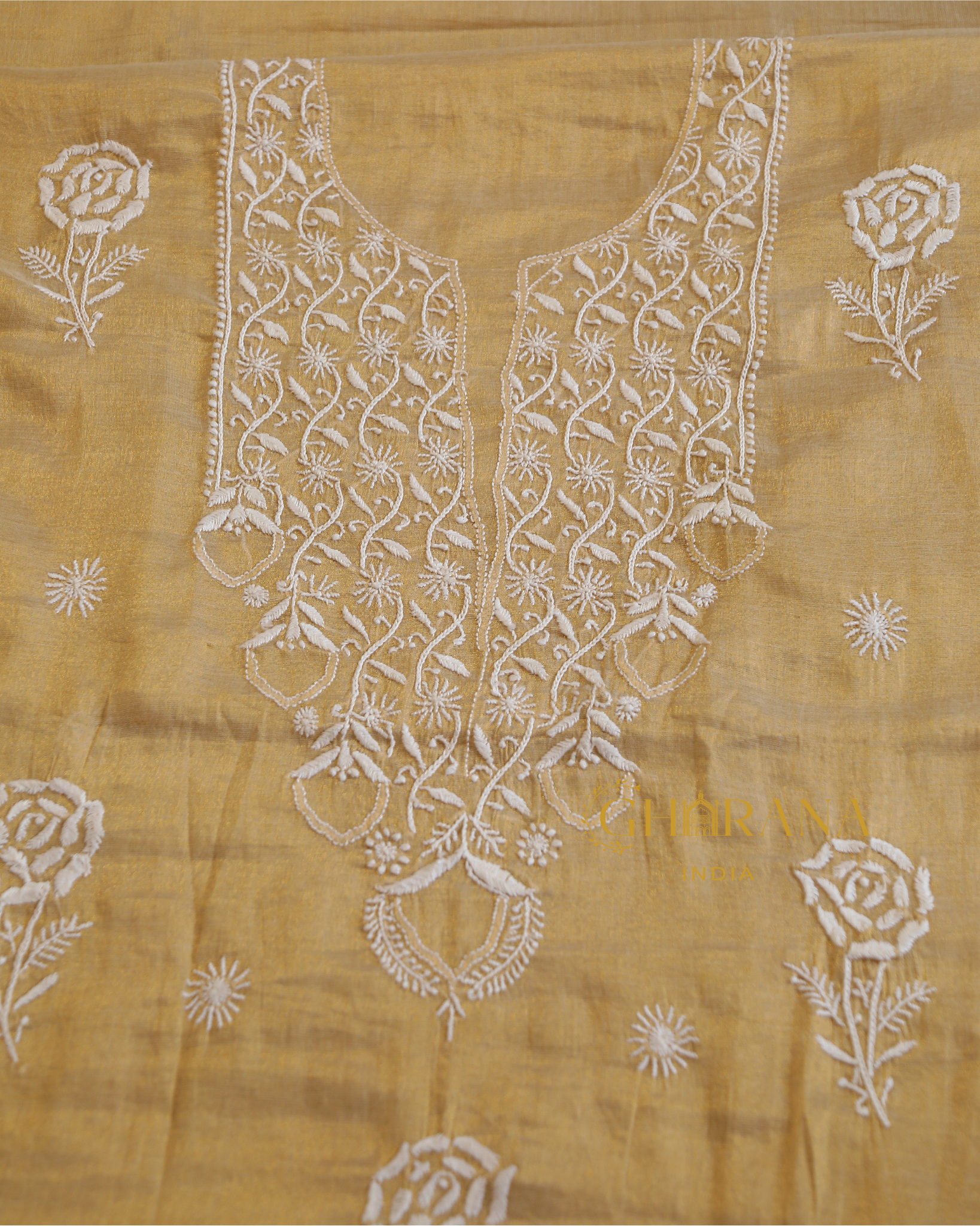 Tissue Chanderi Chikankari Unstitched Kurta and Dupatta Set – Beige Gharana