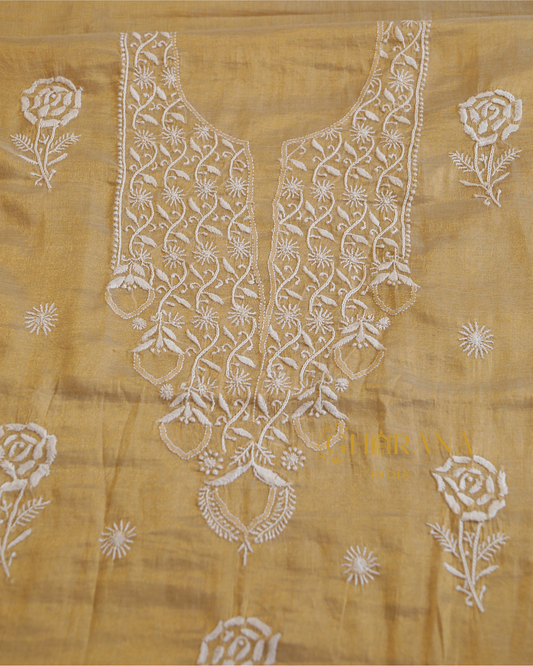 Tissue Chanderi Chikankari Unstitched Kurta and Dupatta Set – Beige Gharana