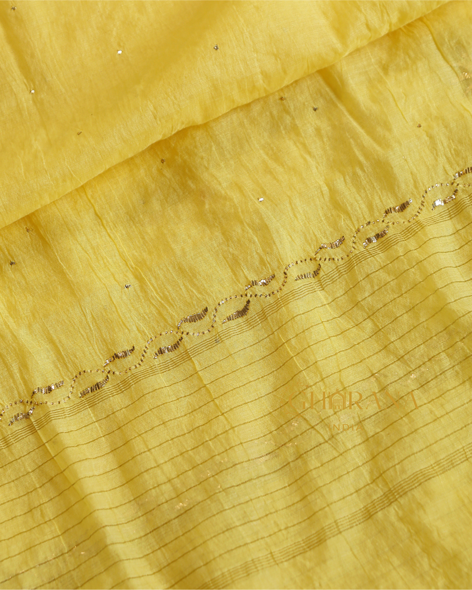 Premium Mulchanderi 3 PC Semi stitched Tunic, Dupatta & Bottom in Kamdani work-Yellow Gharana