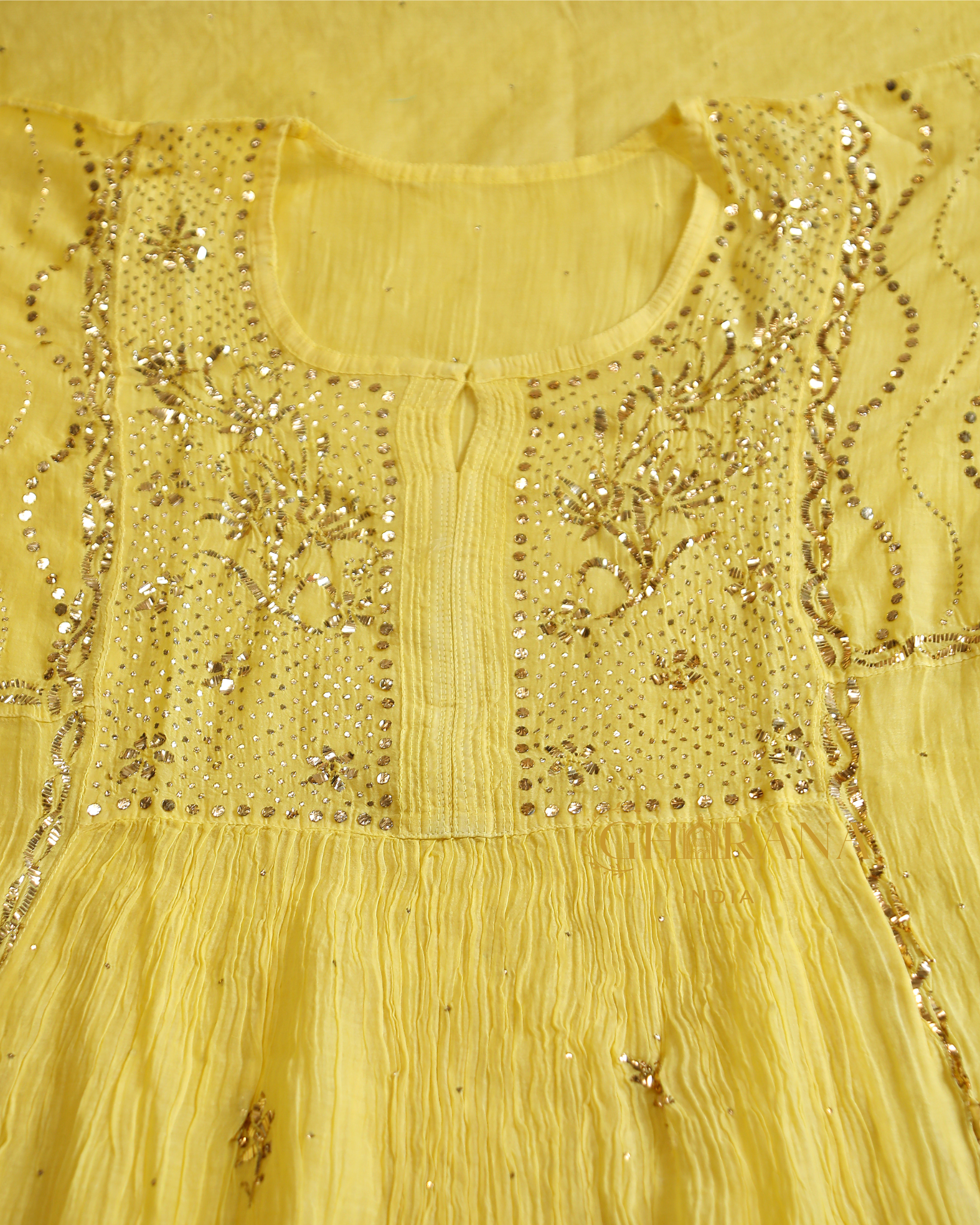 Premium Mulchanderi 3 PC Semi stitched Tunic, Dupatta & Bottom in Kamdani work-Yellow Gharana