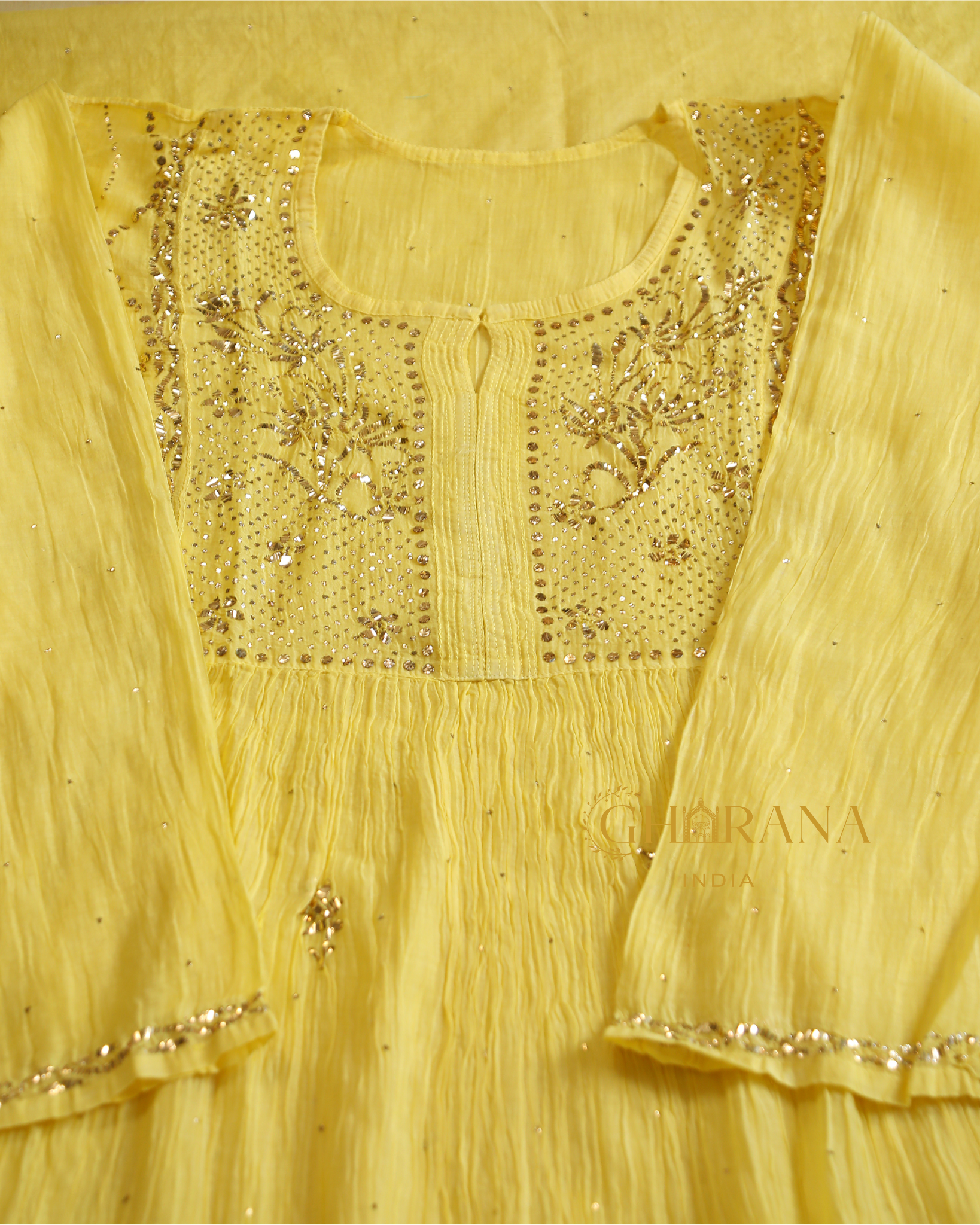 Premium Mulchanderi 3 PC Semi stitched Tunic, Dupatta & Bottom in Kamdani work-Yellow Gharana