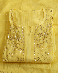 Premium Mulchanderi 3 PC Semi stitched Tunic, Dupatta & Bottom in Kamdani work-Yellow Gharana