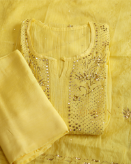 Premium Mulchanderi 3 PC Semi stitched Tunic, Dupatta & Bottom in Kamdani work-Yellow Gharana