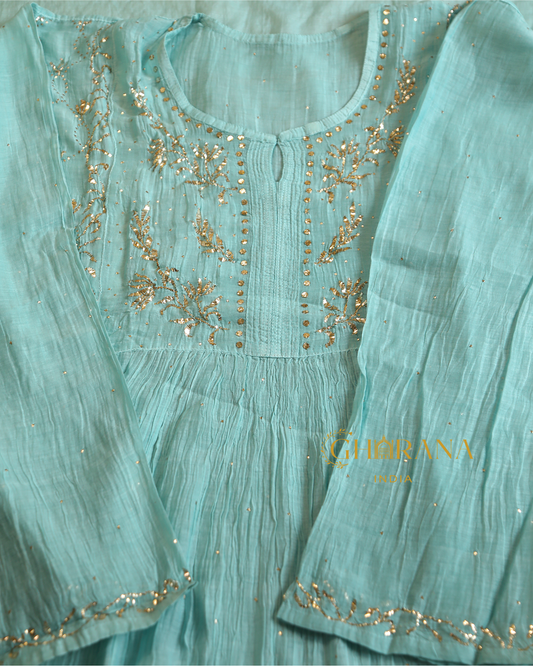 Premium Mulchanderi 3 PC Semi stitched Tunic, Dupatta & Bottom in Kamdani work-Sea Green Gharana