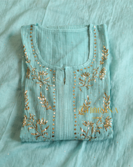 Premium Mulchanderi 3 PC Semi stitched Tunic, Dupatta & Bottom in Kamdani work-Sea Green Gharana