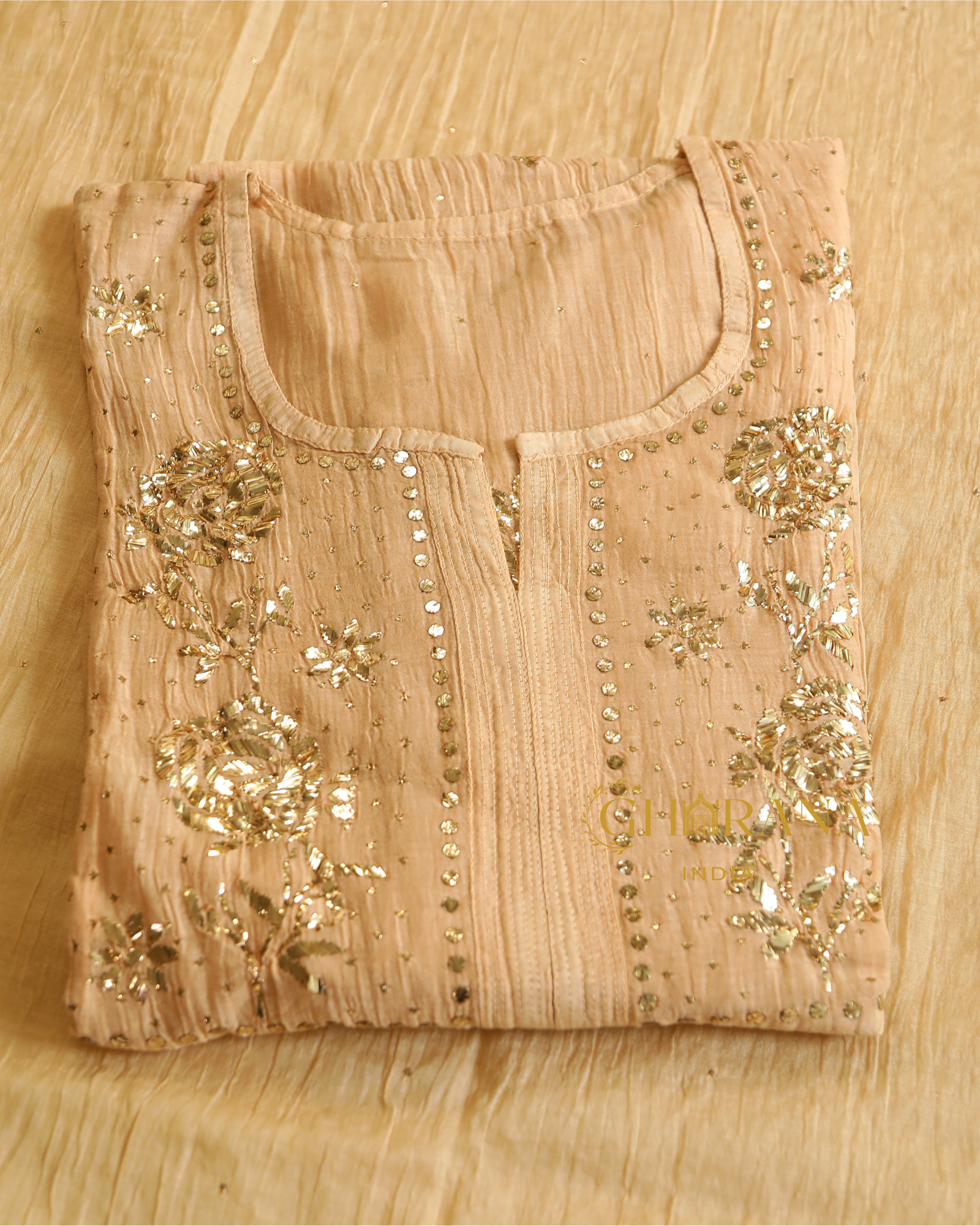 Premium Mulchanderi 3 PC Semi stitched Tunic, Dupatta & Bottom in Kamdani work-Light Beige Gharana