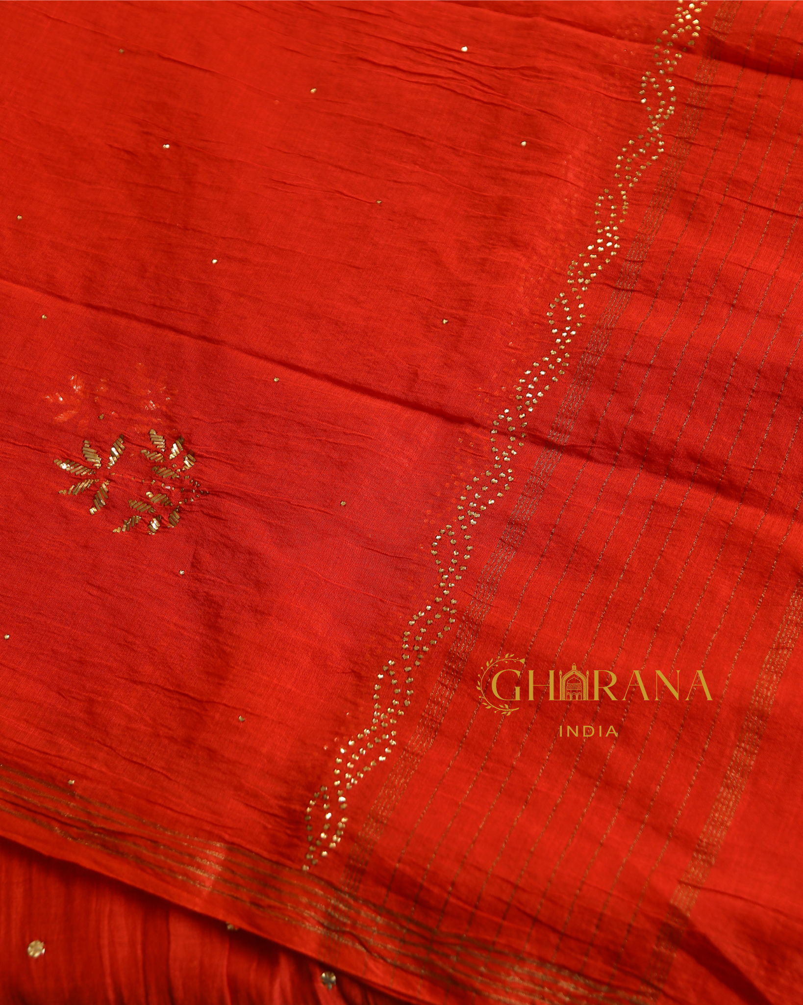 Premium Mulchanderi 3 PC Semi stitched Tunic, Dupatta & Bottom in Kamdani work-Bright Red Gharana