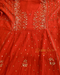 Premium Mulchanderi 3 PC Semi stitched Tunic, Dupatta & Bottom in Kamdani work-Bright Red Gharana
