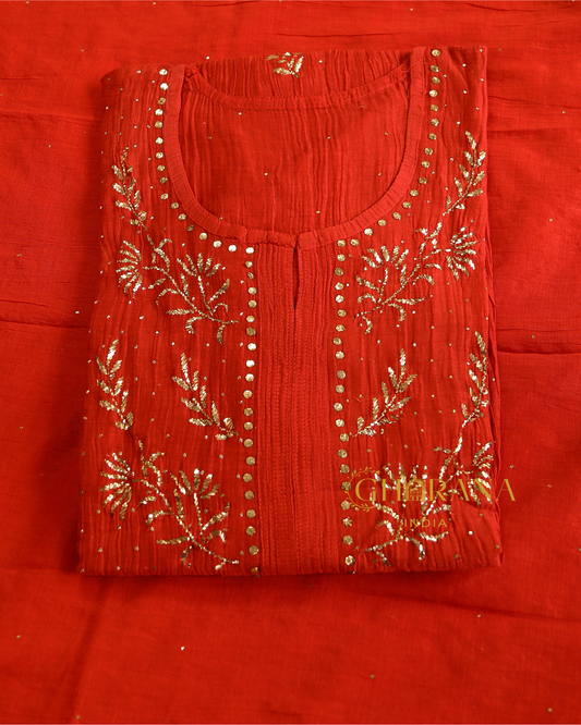 Premium Mulchanderi 3 PC Semi stitched Tunic, Dupatta & Bottom in Kamdani work-Bright Red Gharana