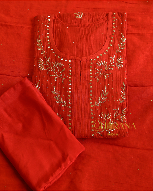 Premium Mulchanderi 3 PC Semi stitched Tunic, Dupatta & Bottom in Kamdani work-Bright Red Gharana