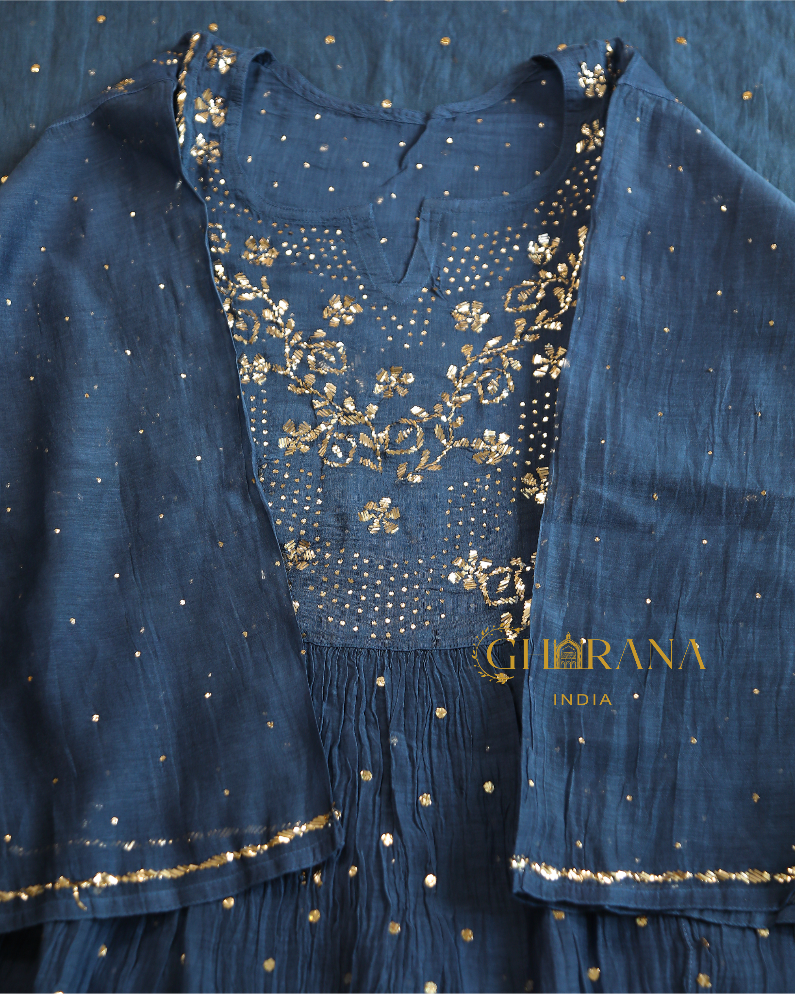 Premium Mulchanderi 3 PC Semi stitched Tunic, Dupatta & Bottom in Kamdani work-Cobalt Blue Gharana