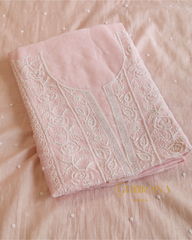 Premium Mulchanderi 3 PC Unstitched Kurta, Dupatta and Bottom Set in Pearl, Katdana Jaal work-Light Pink Gharana