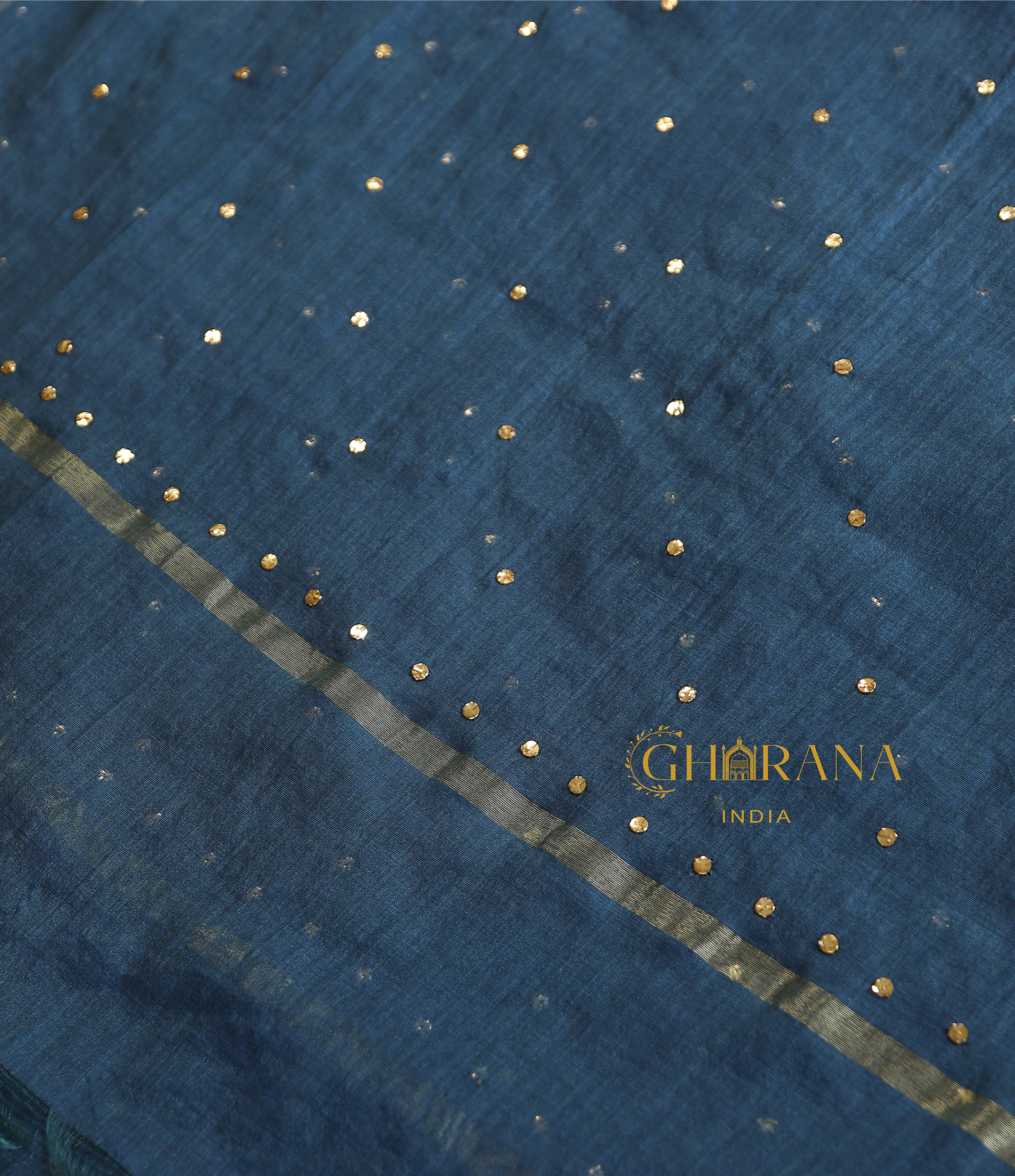 Premium Mulchanderi 3 PC Semi stitched Tunic, Dupatta & Bottom in Kamdani work-Cobalt Blue Gharana