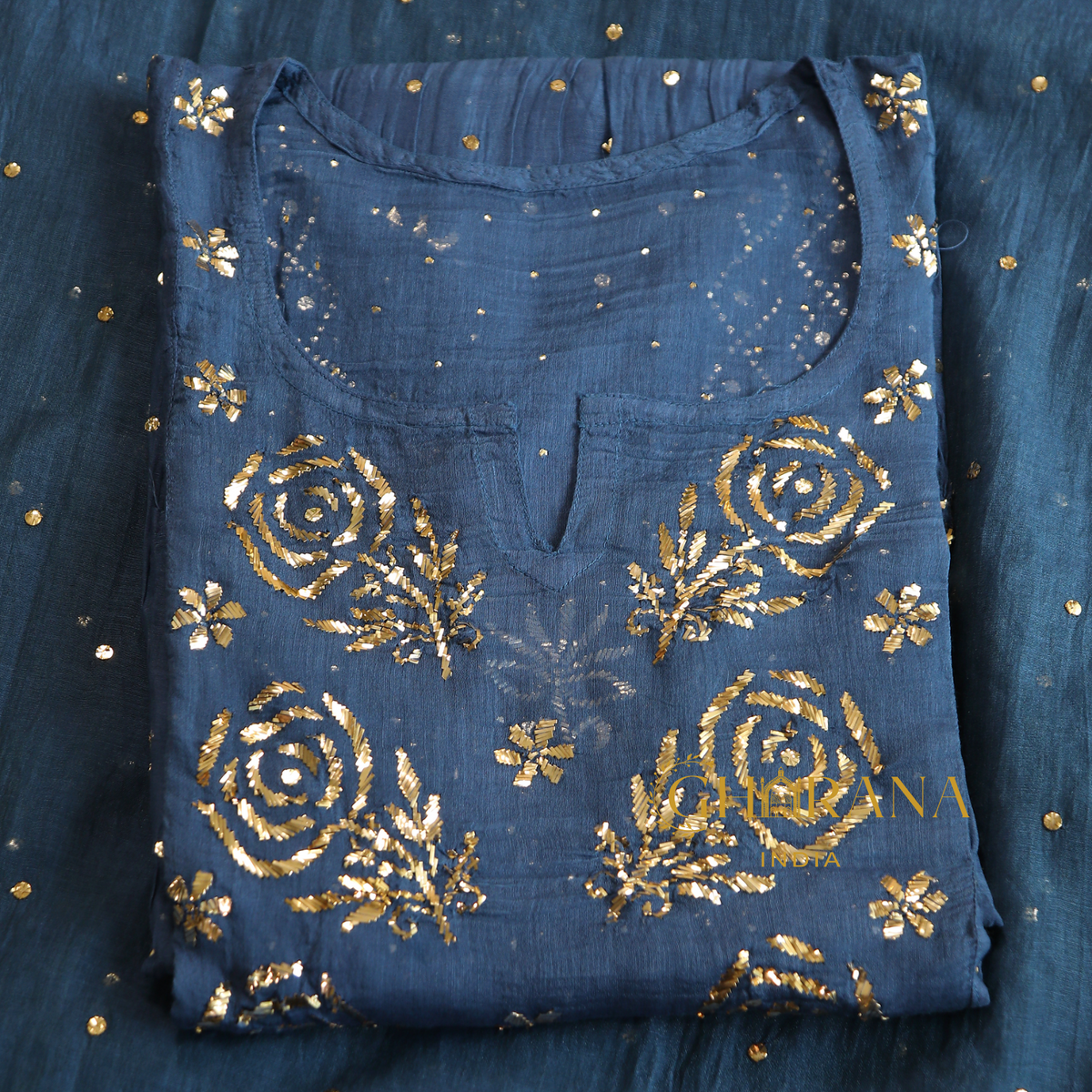 Premium Mulchanderi 3 PC Semi stitched Tunic, Dupatta & Bottom in Kamdani work-Cobalt Blue Gharana