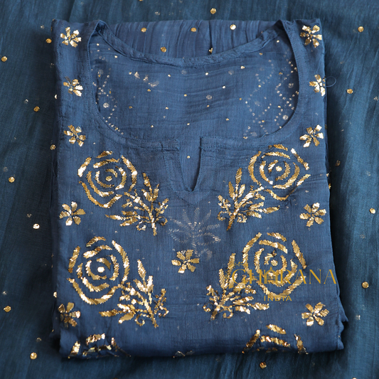 Premium Mulchanderi 3 PC Semi stitched Tunic, Dupatta & Bottom in Kamdani work-Cobalt Blue Gharana