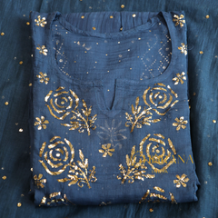 Premium Mulchanderi 3 PC Semi stitched Tunic, Dupatta & Bottom in Kamdani work-Cobalt Blue Gharana