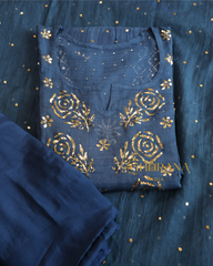 Premium Mulchanderi 3 PC Semi stitched Tunic, Dupatta & Bottom in Kamdani work-Cobalt Blue Gharana