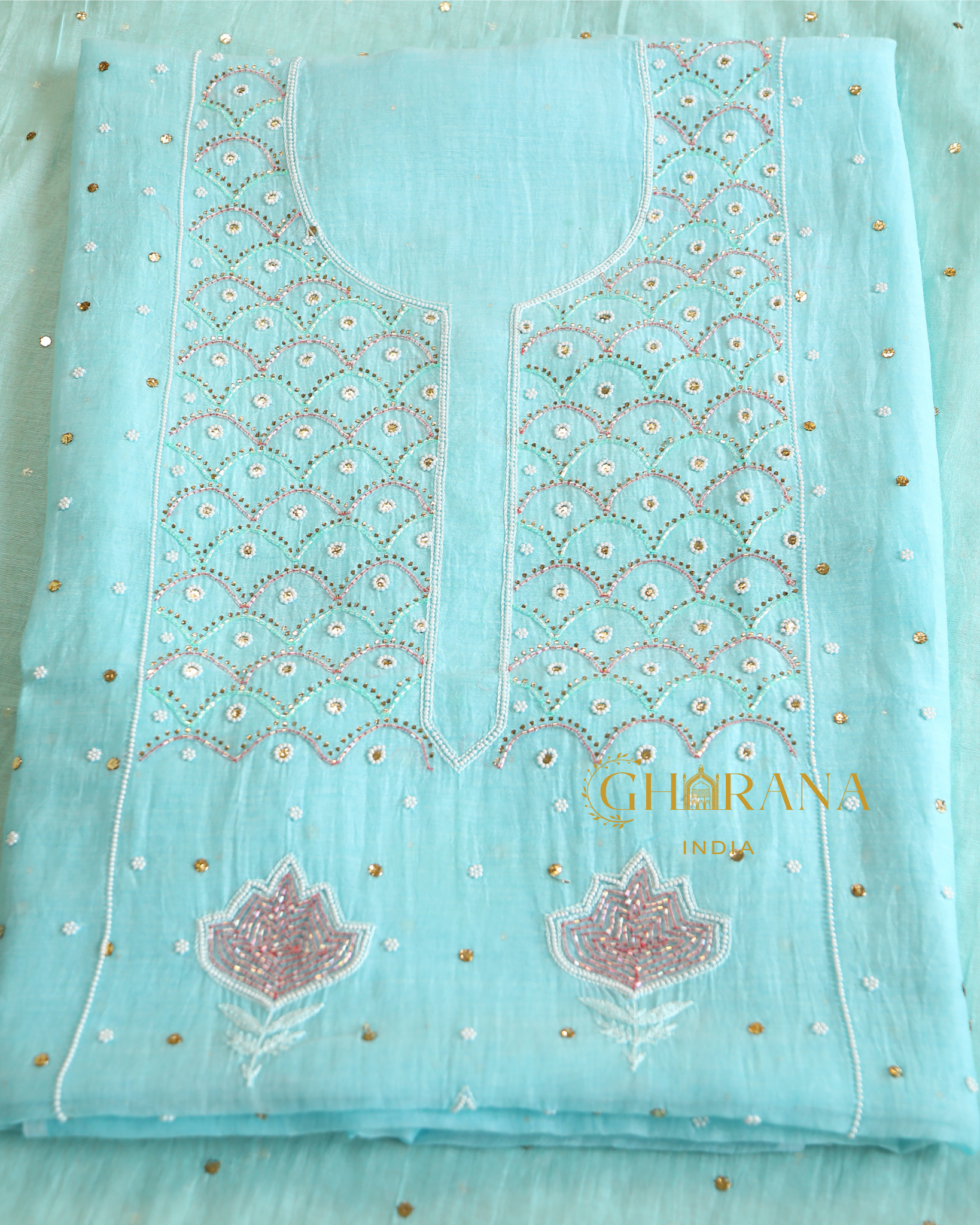 Premium Mulchanderi 3 PC Unstitched Kurta, Dupatta & Bottom Set in Pearl, Katdana, Mukaish in Jaal – Turquoise Gharana