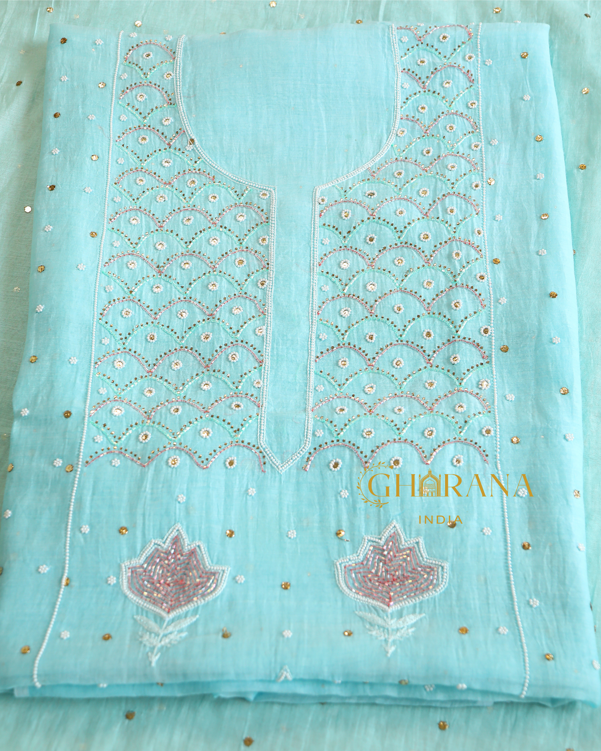 Premium Mulchanderi 3 PC Unstitched Kurta, Dupatta & Bottom Set in Pearl, Katdana, Mukaish in Jaal – Turquoise Gharana