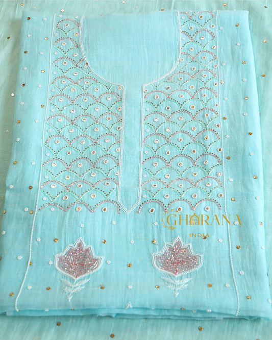 Premium Mulchanderi 3 PC Unstitched Kurta, Dupatta & Bottom Set in Pearl, Katdana, Mukaish in Jaal – Turquoise Gharana