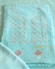 Premium Mulchanderi 3 PC Unstitched Kurta, Dupatta & Bottom Set in Pearl, Katdana, Mukaish in Jaal – Turquoise Gharana