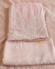 Premium Mulchanderi 3 PC Unstitched Kurta, Dupatta and Bottom Set in Pearl, Katdana Jaal work-Light Pink Gharana