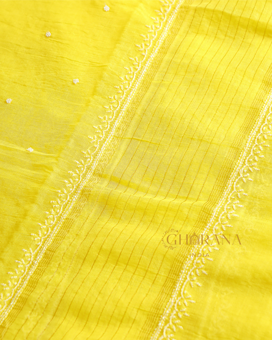 Premium Mulchanderi 3 PC Unstitched Kurta and Dupatta and Bottom Set in Pearl Katdana and Mukaish work-Yellow Gharana