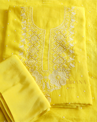 Premium Mulchanderi 3 PC Unstitched Kurta and Dupatta and Bottom Set in Pearl Katdana and Mukaish work-Yellow Gharana