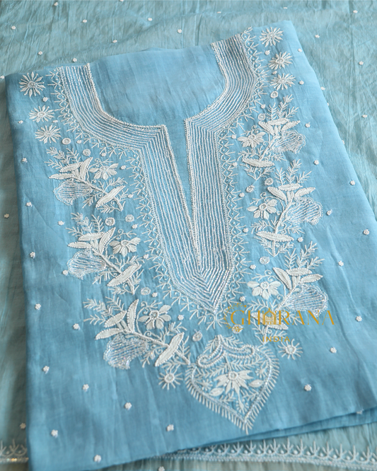 Premium Mulchanderi 3 PC Unstitched Kurta, Dupatta and Bottom Set in Pearl, Katdana Jaal work-Powder Blue Gharana
