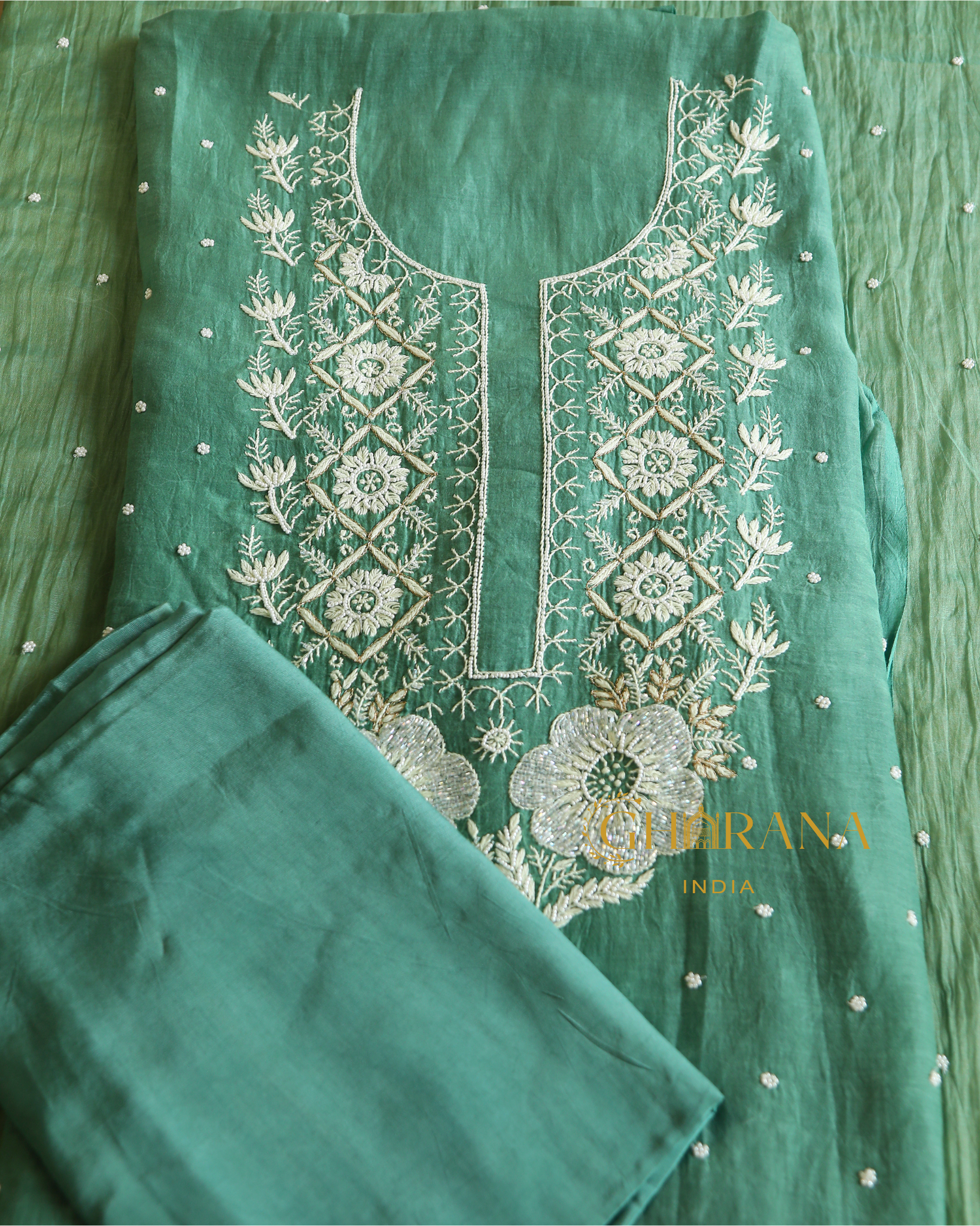 Premium Mulchanderi 3 PC Unstitched Kurta and Dupatta and Bottom Set in Pearl Katdana and Mukaish work-Sage Green Gharana