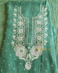 Premium Mulchanderi 3 PC Unstitched Kurta and Dupatta and Bottom Set in Pearl Katdana and Mukaish work-Sage Green Gharana