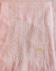 Premium Mulchanderi 3 PC Unstitched Kurta, Dupatta and Bottom Set in Pearl, Katdana Jaal work-Light Pink Gharana