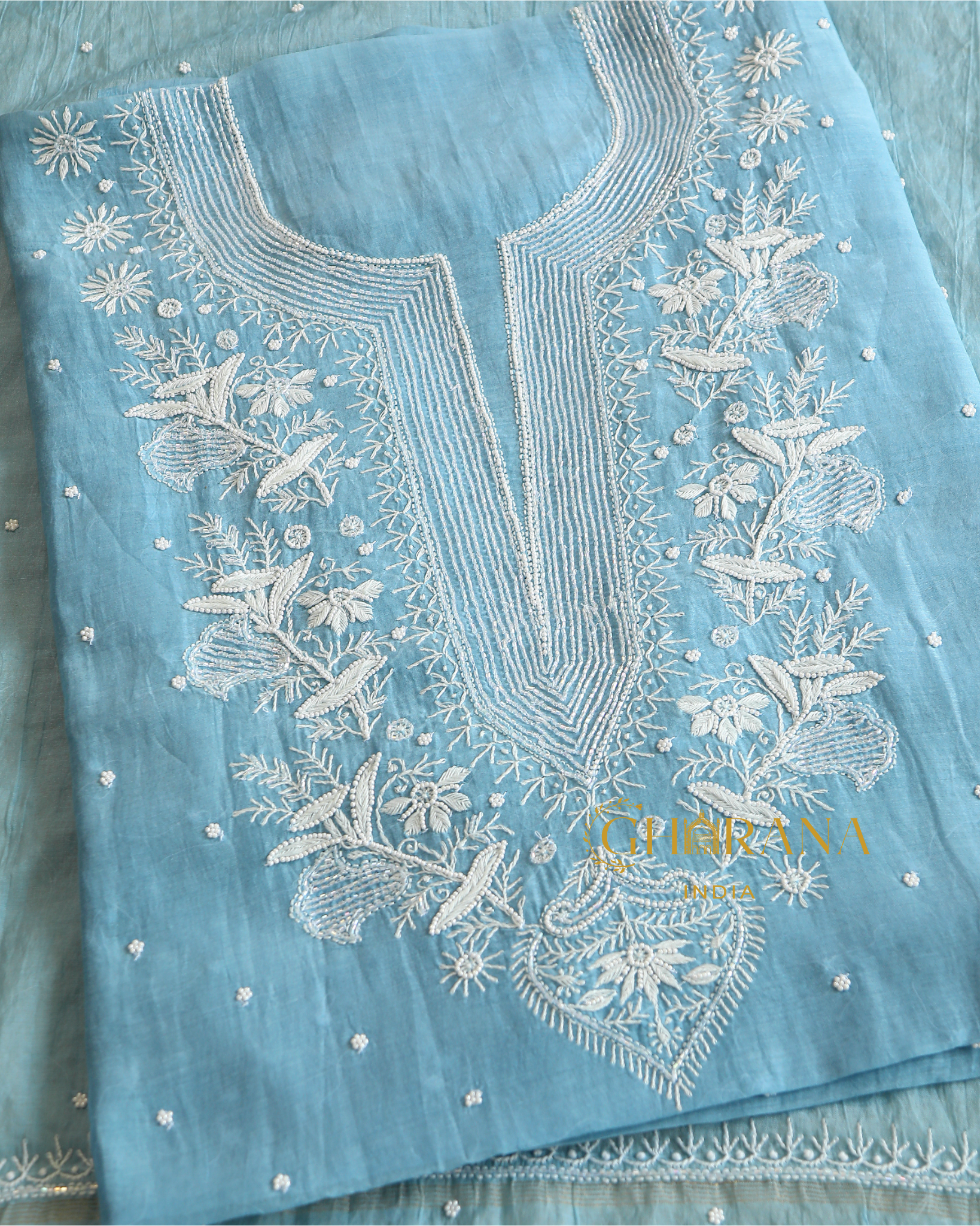 Premium Mulchanderi 3 PC Unstitched Kurta, Dupatta and Bottom Set in Pearl, Katdana Jaal work-Powder Blue Gharana