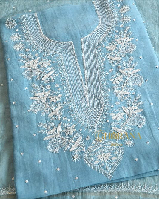 Premium Mulchanderi 3 PC Unstitched Kurta, Dupatta and Bottom Set in Pearl, Katdana Jaal work-Powder Blue Gharana