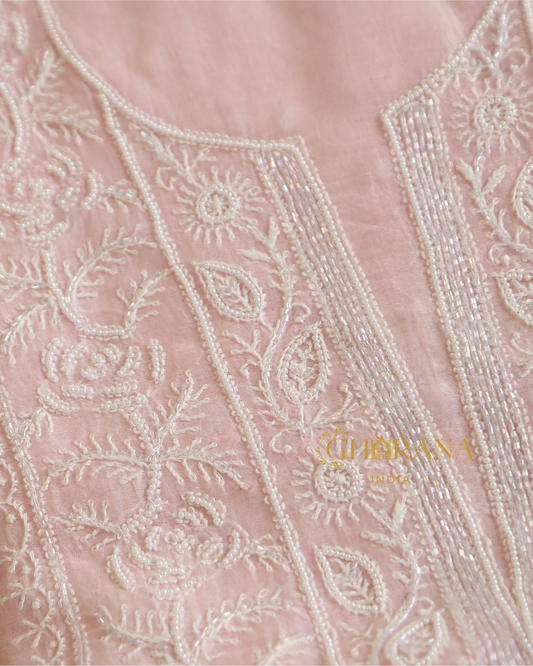 Premium Mulchanderi 3 PC Unstitched Kurta, Dupatta and Bottom Set in Pearl, Katdana Jaal work-Light Pink Gharana