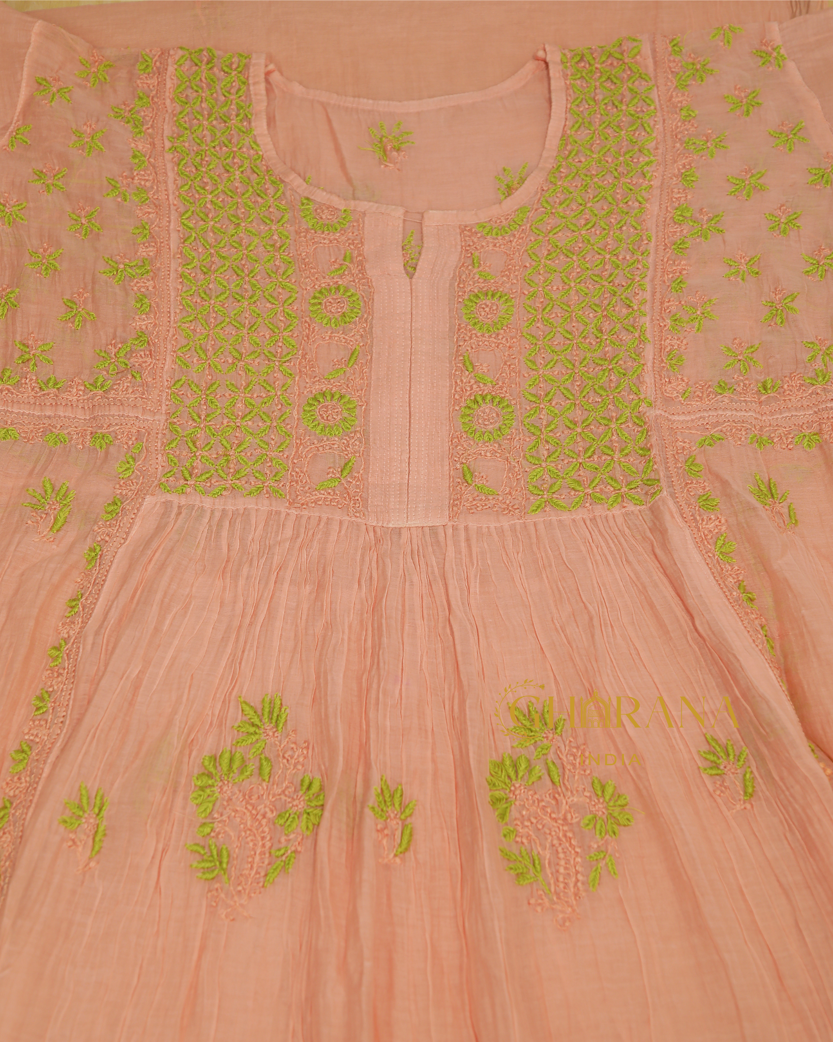 Premium Mulchanderi Chikankari Semi Stitched 2 piece Tunic and Dupatta set – Peach Gharana