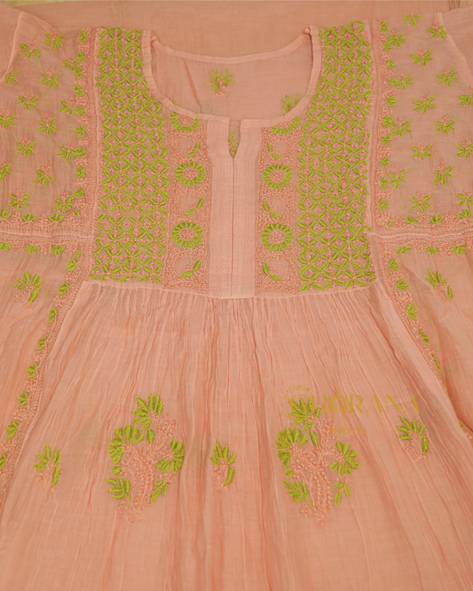 Premium Mulchanderi Chikankari Semi Stitched 2 piece Tunic and Dupatta set – Peach Gharana