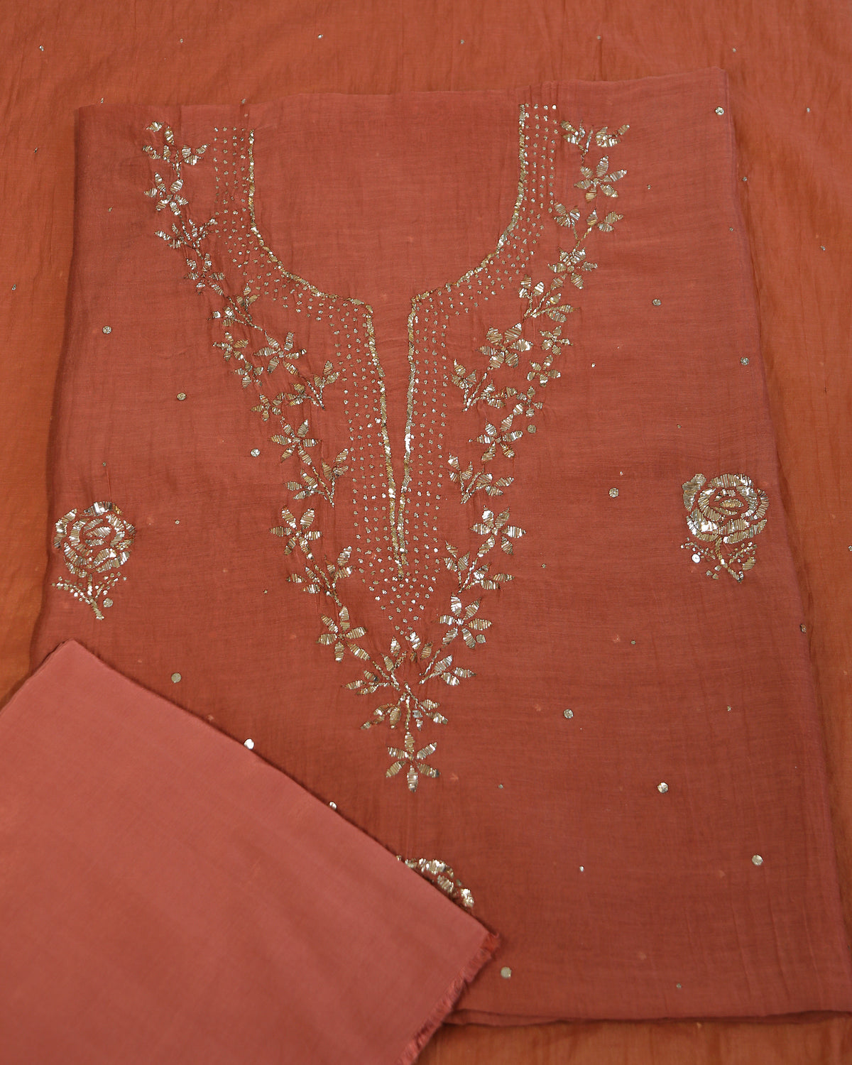 Premium Mulchanderi 3 PC Unstitched Tunic, Dupatta & Bottom in Kamdani work-Rust Orange
