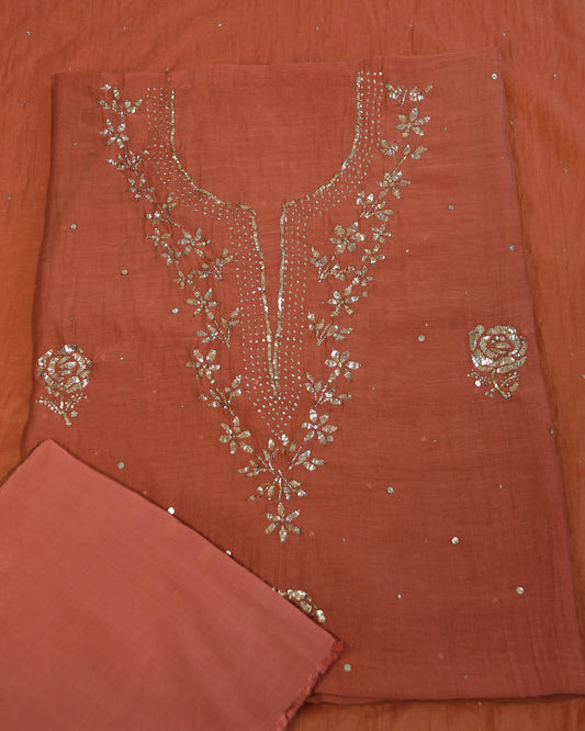 Premium Mulchanderi 3 PC Unstitched Tunic, Dupatta & Bottom in Kamdani work-Rust Orange