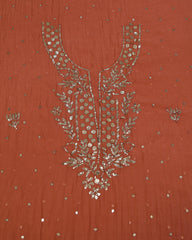 Premium Mulchanderi 3 PC Unstitched Tunic, Dupatta & Bottom in Kamdani work-Rust Orange