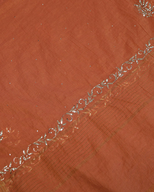 Premium Mulchanderi 3 PC Unstitched Tunic, Dupatta & Bottom in Kamdani work-Rust Orange